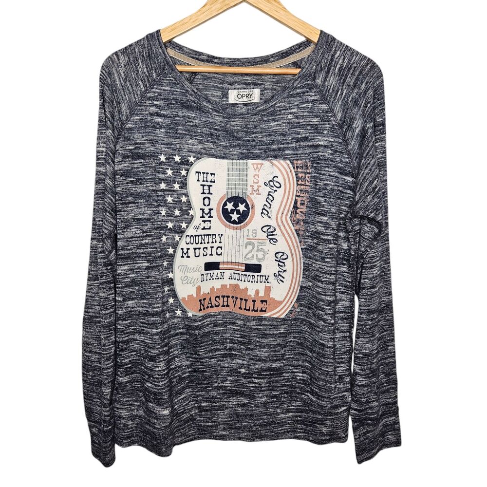 GRAND OLE OPRY Womens Guitar Graphic Shirt XL Long Sleeve Blue Space Dye Cowgirl